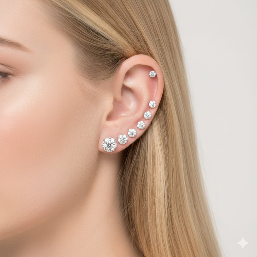 Set de 6 Pares de Aretes Stud en Acero de Titanio — Brillo Tipo Diamante con Cierre Mariposa