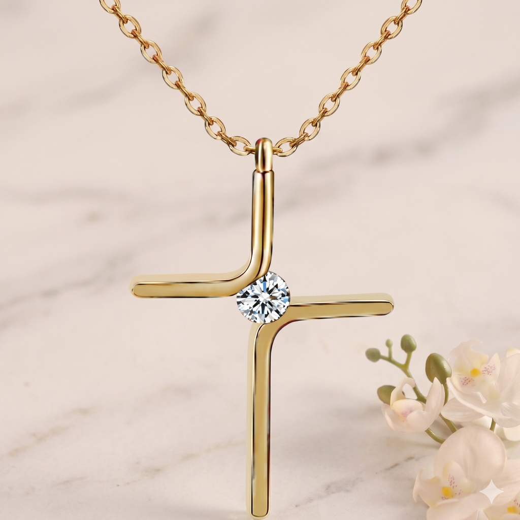 Collar Cruz Minimalista con Circonia — Acero Titanio en Baño de Oro