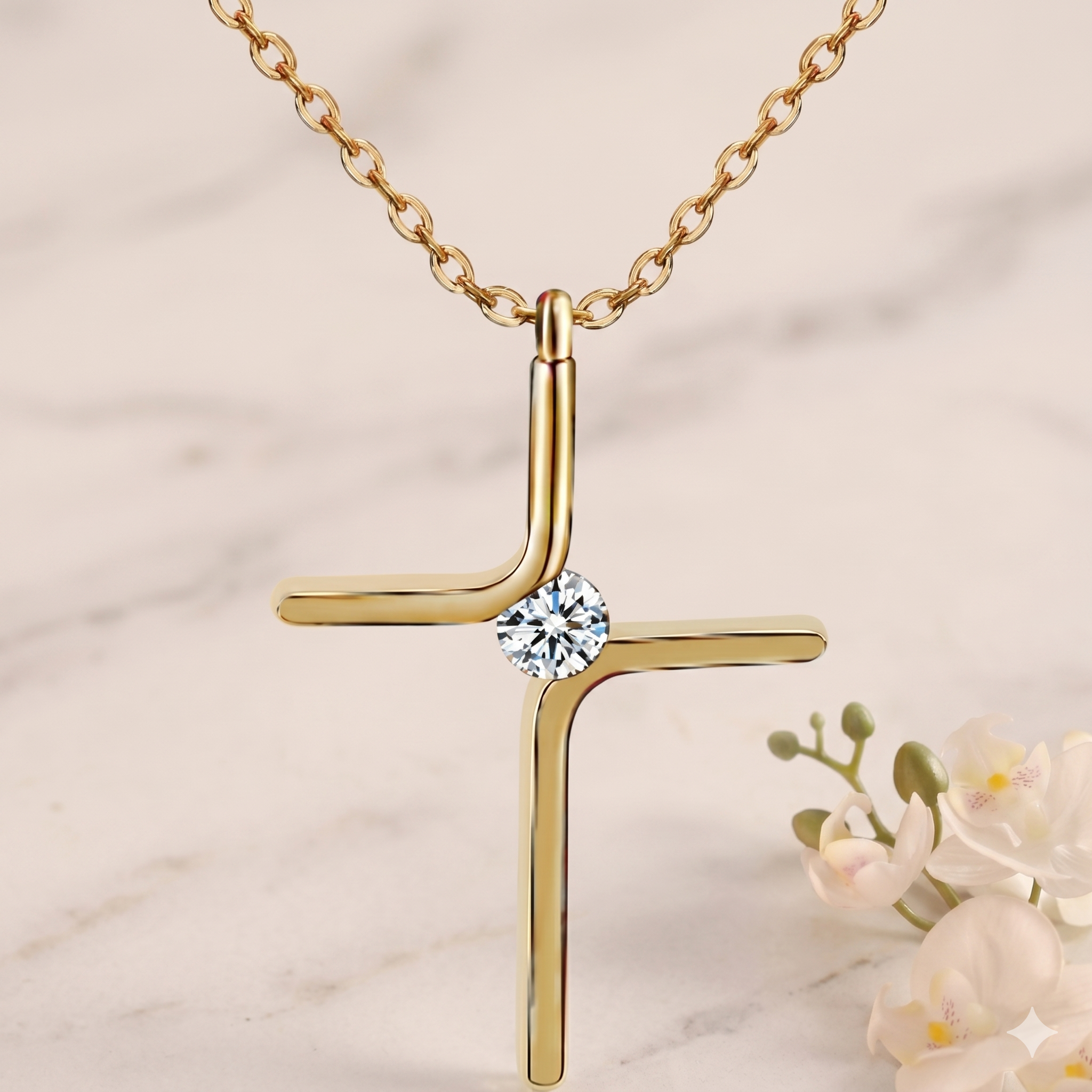 Collar Cruz Minimalista con Circonia — Acero Titanio en Baño de Oro