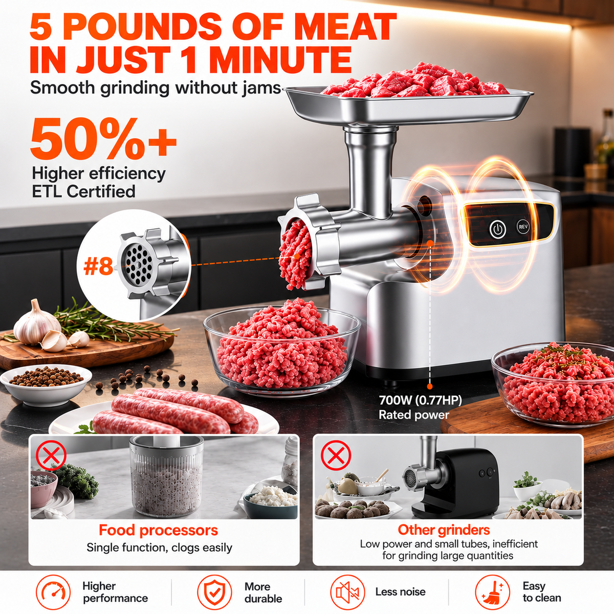 Picadora de carne eléctrica 700W — 3 placas, tubos para embutidos y accesorio para kubbe