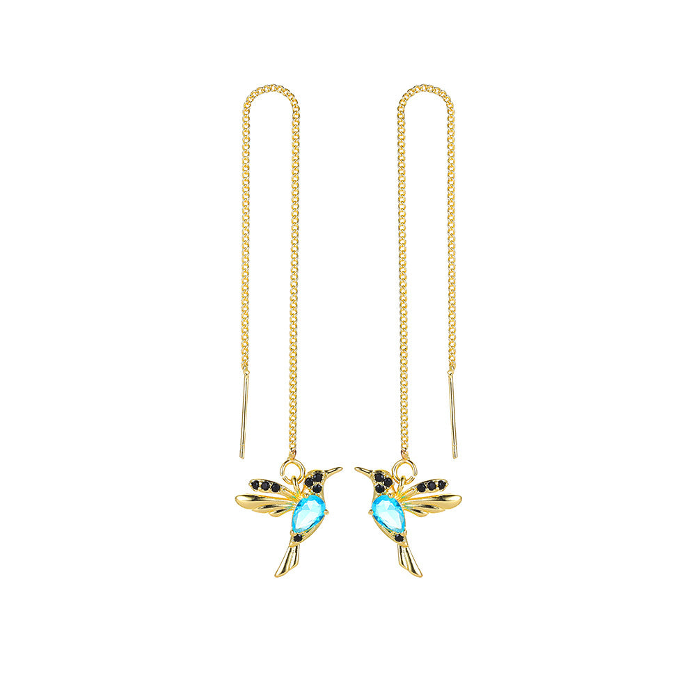 Aretes Colgantes de Colibrí con Cristales — Baño en Oro Rosa/Imitación Oro