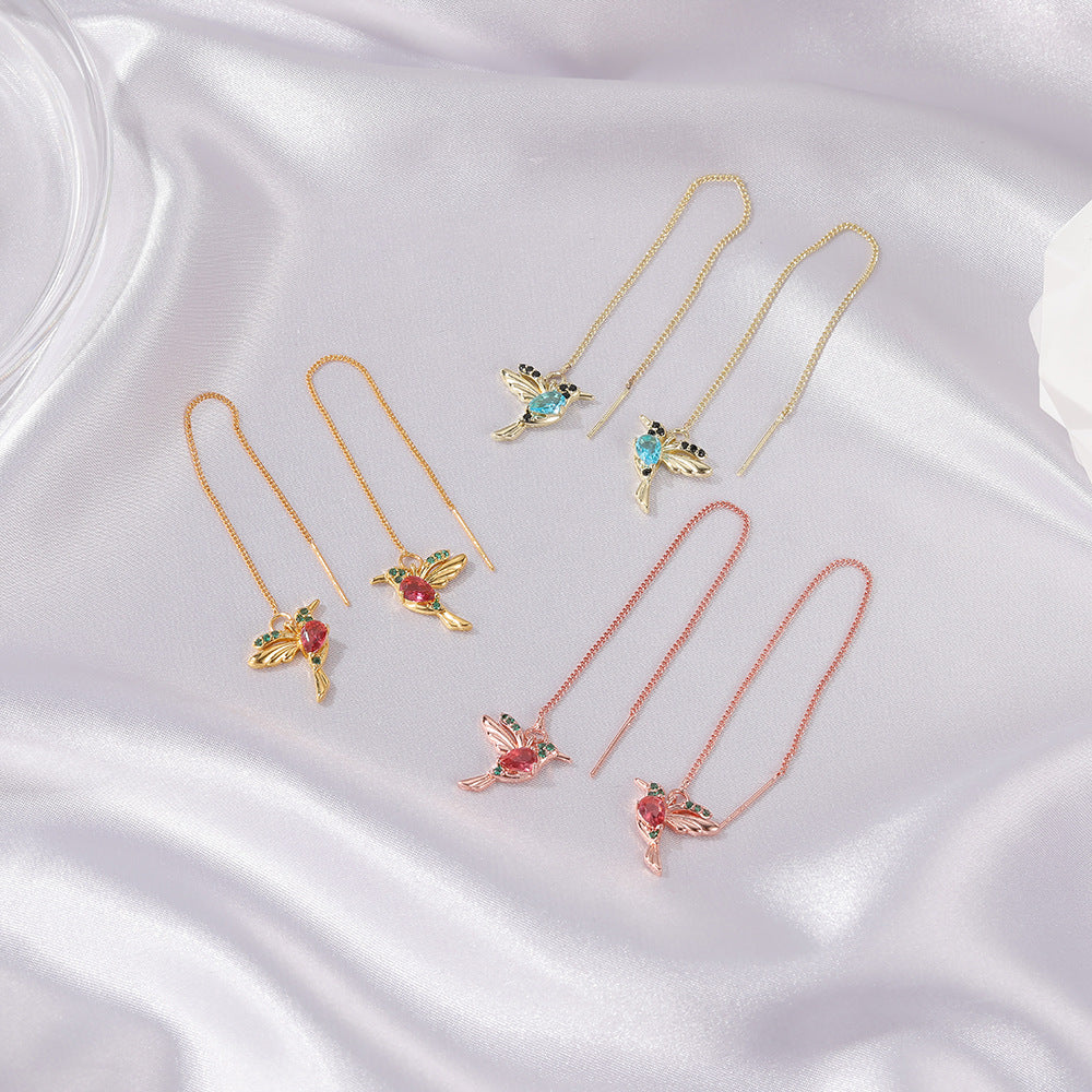 Aretes Colgantes de Colibrí con Cristales — Baño en Oro Rosa/Imitación Oro