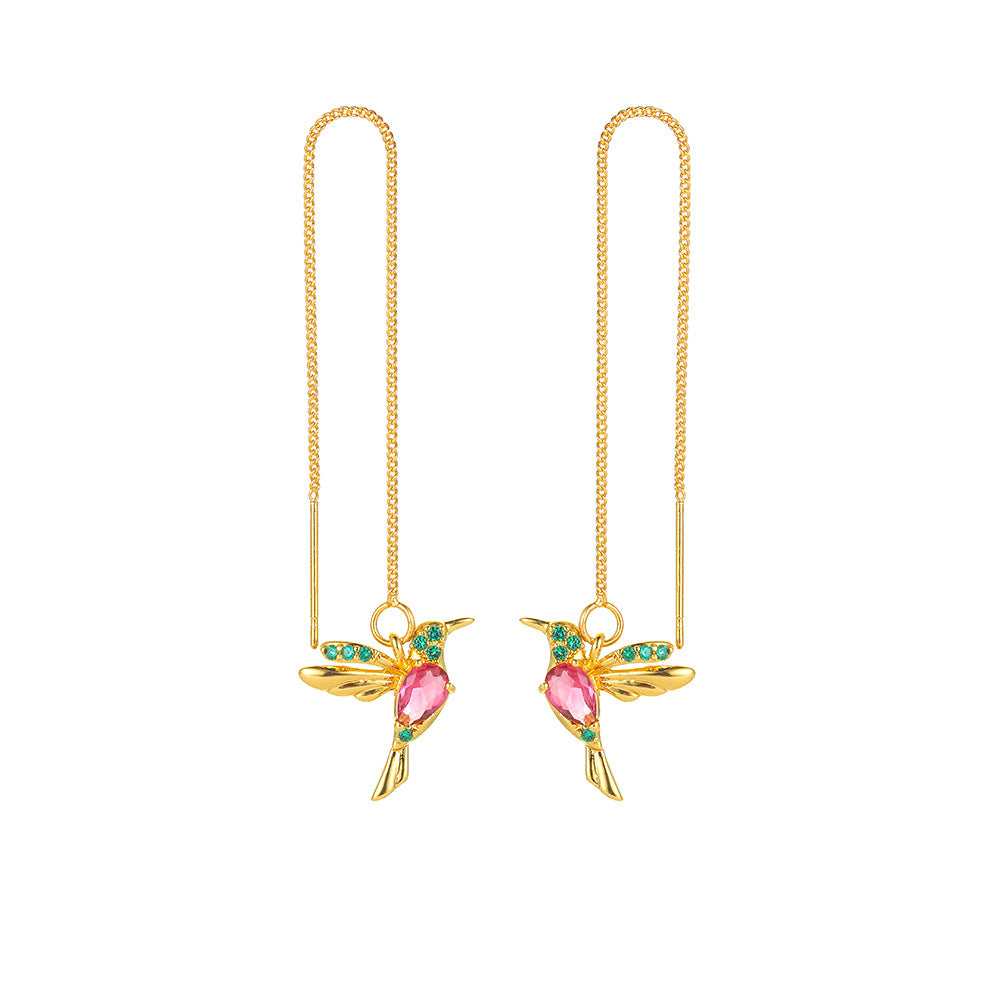 Aretes Colgantes de Colibrí con Cristales — Baño en Oro Rosa/Imitación Oro