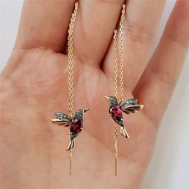 Aretes Colgantes de Colibrí con Cristales — Baño en Oro Rosa/Imitación Oro