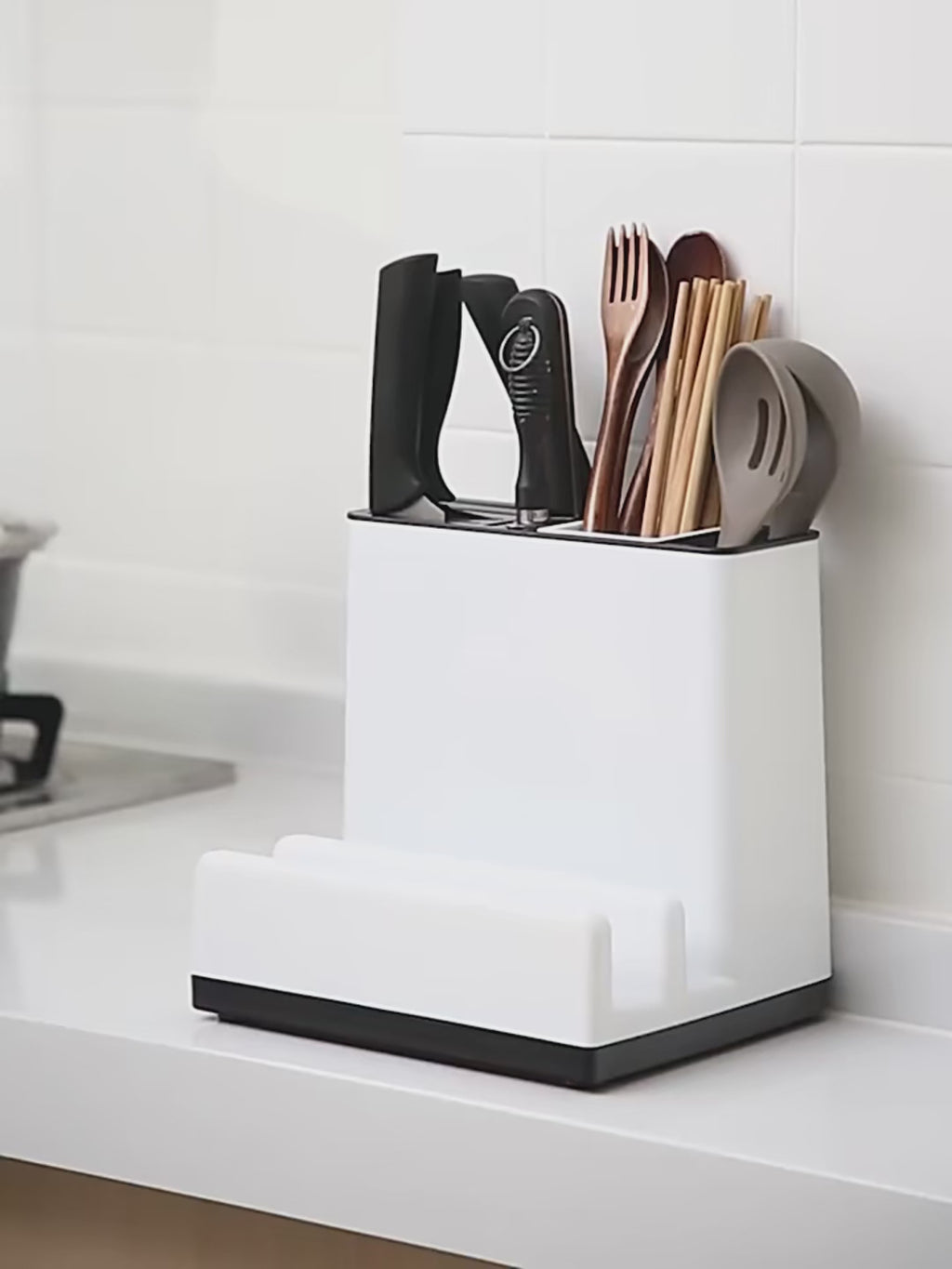 Organizador de cocina para cubiertos y utensilios — Plástico, blanco, para encimera