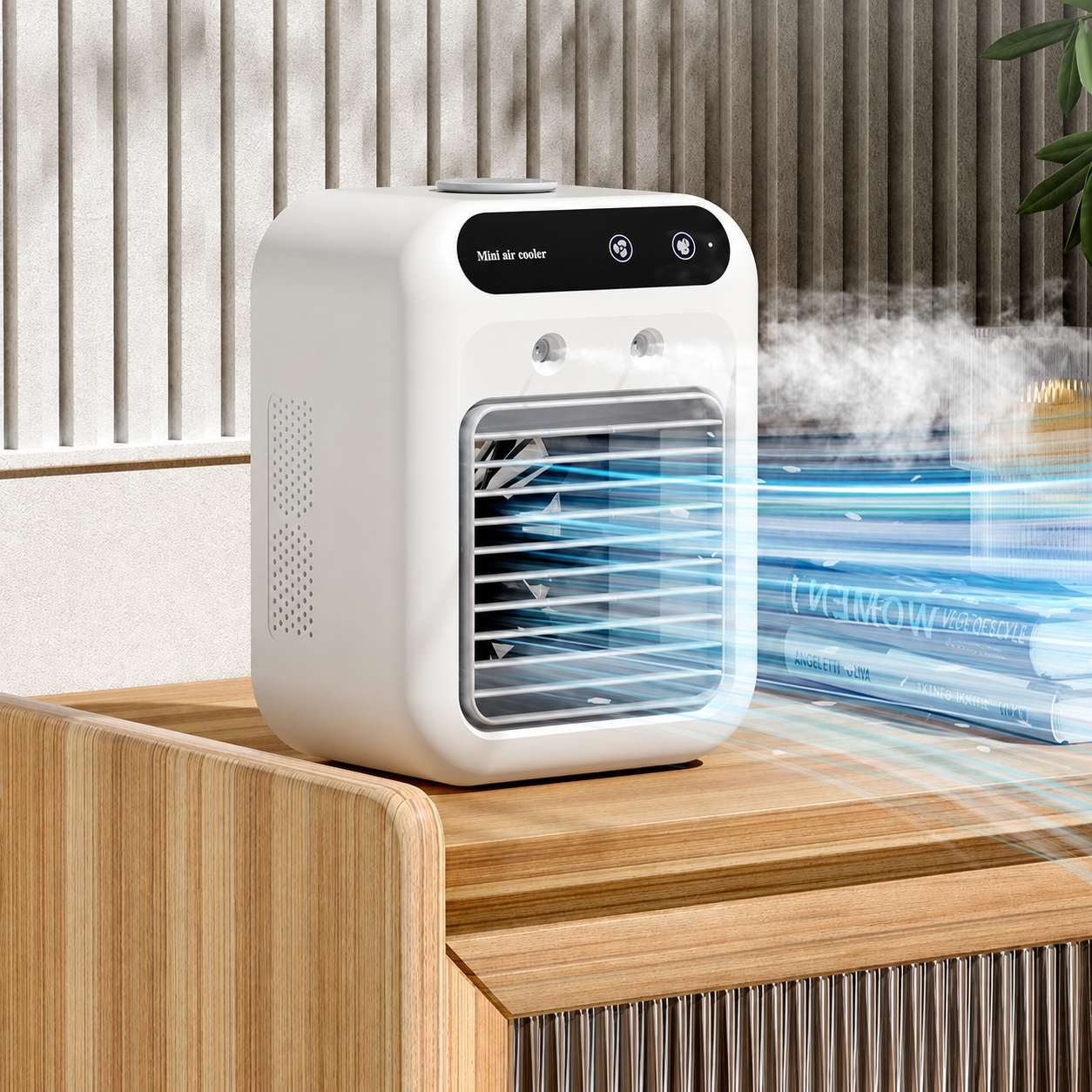 Ventilador Enfriador de Aire Portátil con Atomización — Pantalla Táctil, USB, Depósito de Agua con Hielo
