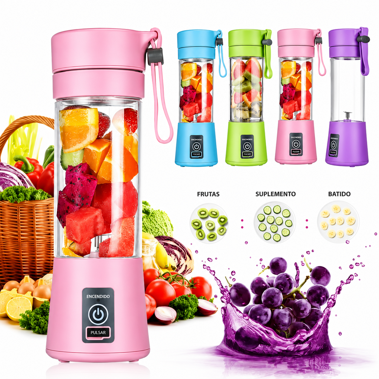 Licuadora Portátil Recargable USB — 380ml, Plástico Grado Alimenticio, 2/4/6 Cuchillas