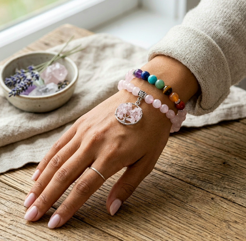 Pulsera de Cuarzo Rosa con 7 Chakras — Equilibrio Energético y Estilo Natural