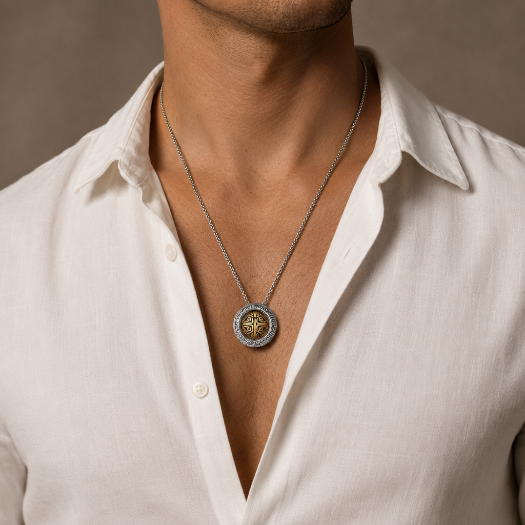 Collar con Colgante Oriental Giratorio — Bicolor Plata y Oro, Estilo Retro Étnico